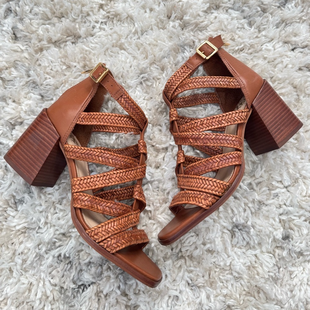 Vince Camuto Nissenna Braided Strappy Block Heel Sandals in Cognac